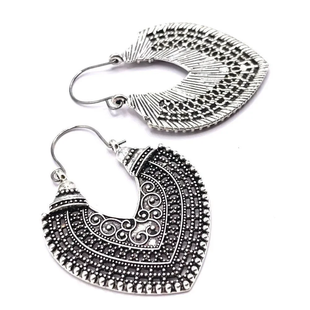Silver Intricately Detailed Boho Dangling Hinged Hoop Earrings
